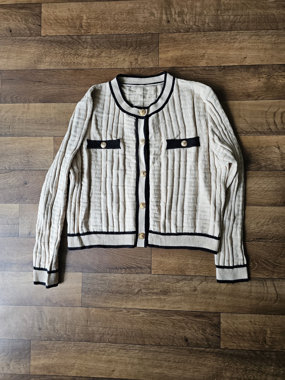 Cream Ribbed Knit Cardigan with Black Trim
